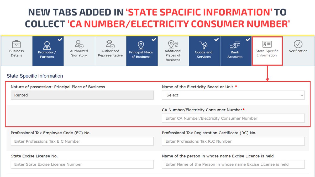 Lub_delhi's tweet photo. #GST Portal Update
Tabs for Consumer Agreement (CA) for Electricity Consumer have been added to the 'State Specific Information' section of the GST registration form. It is now mandatory to provide CA number numbers while applying for GST registration. #GSTPortal #GSTN #GSTReg https://t.co/5wES1bUOEU