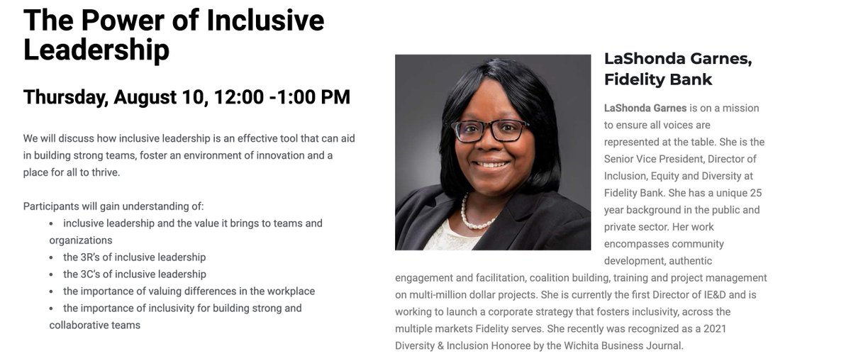The next <a href="/KSSHRM/">Kansas SHRM</a> Diversity Series features LaShonda Garnes presenting on "The Power of Inclusive Leadership." Register for this virtual event at ksshrm.org/diversity-seri… #DiversityEquityInclusion #inclusiveleadership