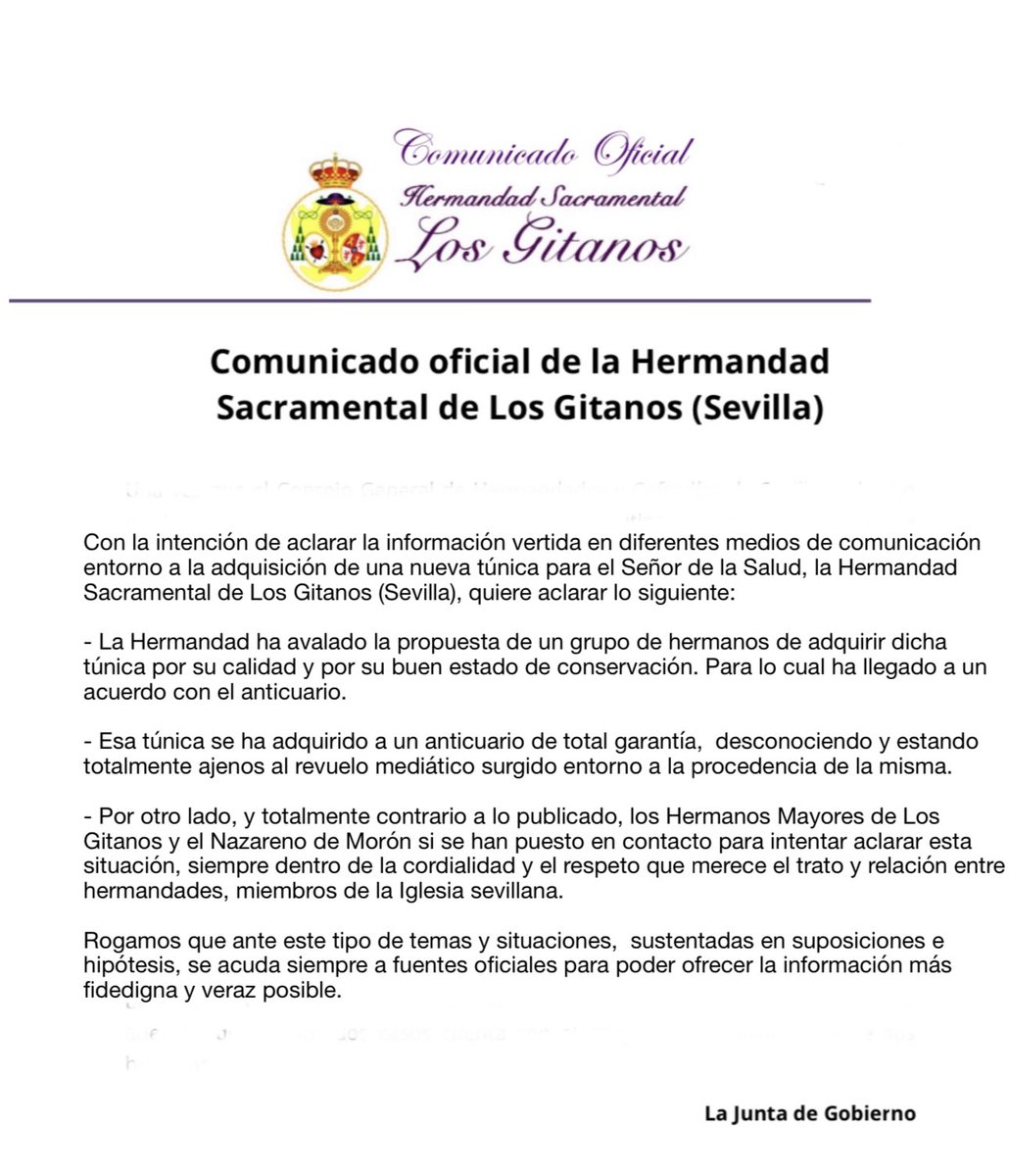 elllamadorcsr's tweet photo. La @Hdad_LosGitanos confirma que ha “avalado” la donación de una túnica bordada que pudo ser la que perdió el Nazareno de Morón tras los
sucesos de 1936, según se indica en esta hermandad de la provincia. https://t.co/RlzSN5twaE