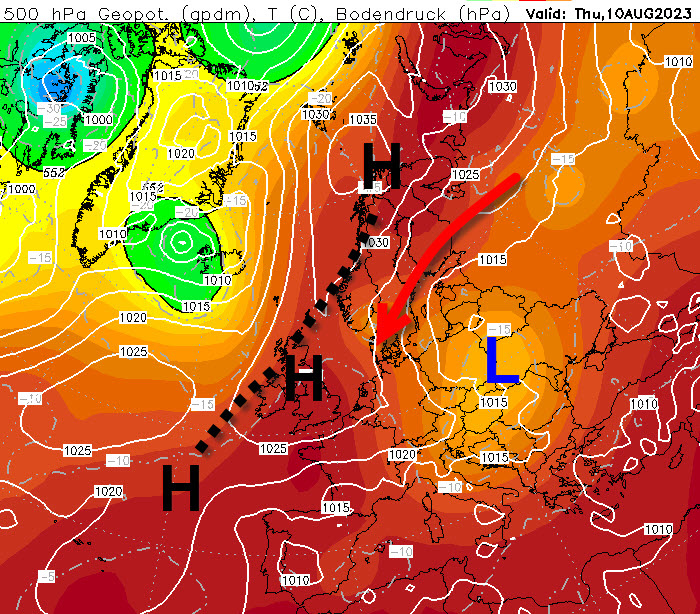 Zomer keert terug bij GFS. Het model berekent rond 10 augustus een opbouwend hogedrukgebied boven Scandinavië dat contact maakt met het Azorenhoog. Met een naar noordoost ruimende wind wordt dan drogere en warmere lucht naar de Benelux aangevoerd. We wachten geduldig af.😇 #zomer