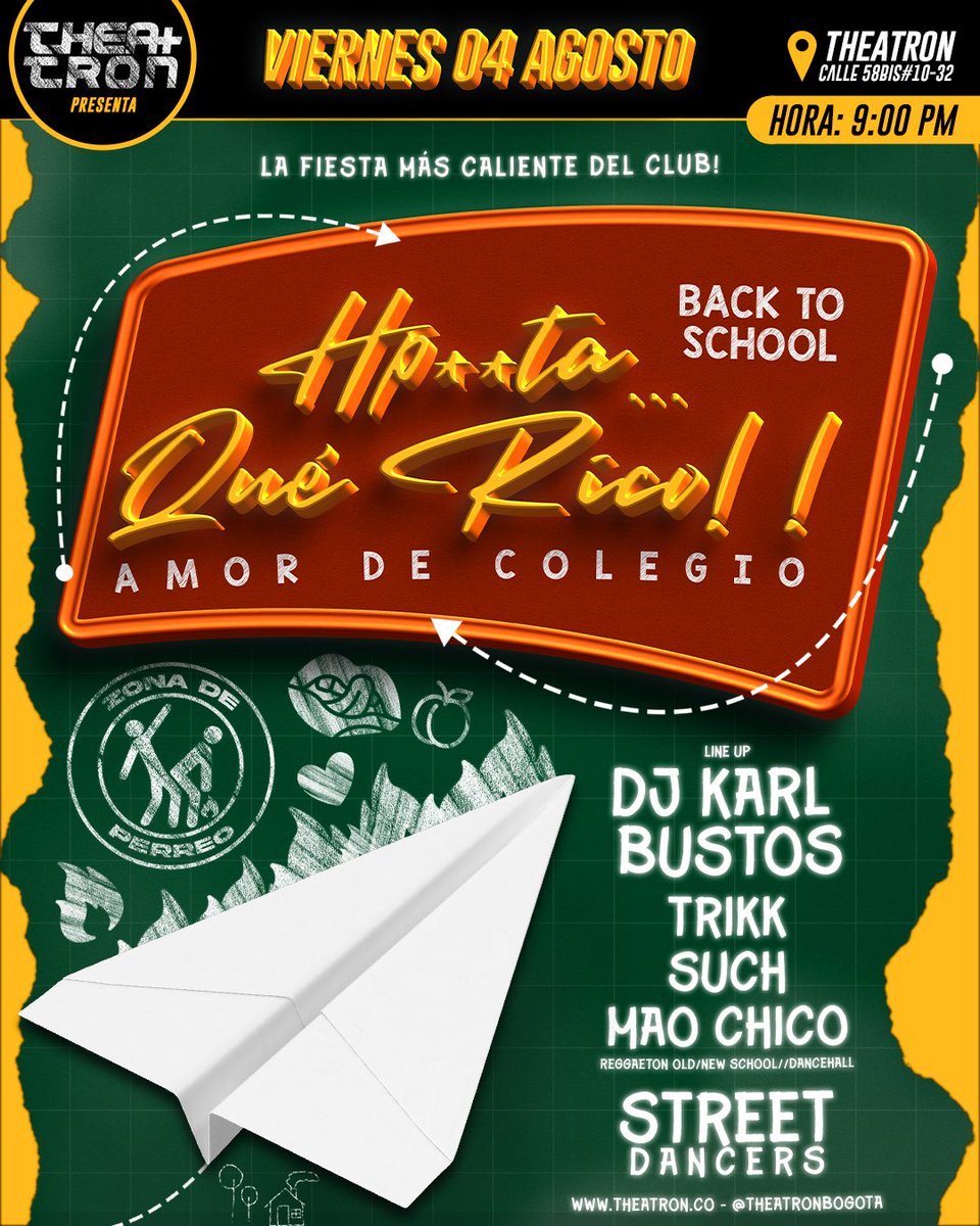 theatronbogota's tweet photo. Viernes 4 agosto / 9pm
Eventos theatron presenta #Hptaquerico / Amor de colegio - Back to school
La fiesta más caliente del club con lo mejor del género urbano
@DJKARLBUSTOS
Produce @fernandokoral
Porque Theatron de película siempre te da más!!! https://t.co/EXPsMCdUHc