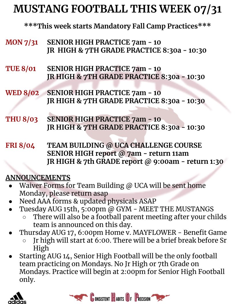Hope everyone enjoyed there break! Big week as we start Fall Camp and prepare for a great season! Go Mustangs!