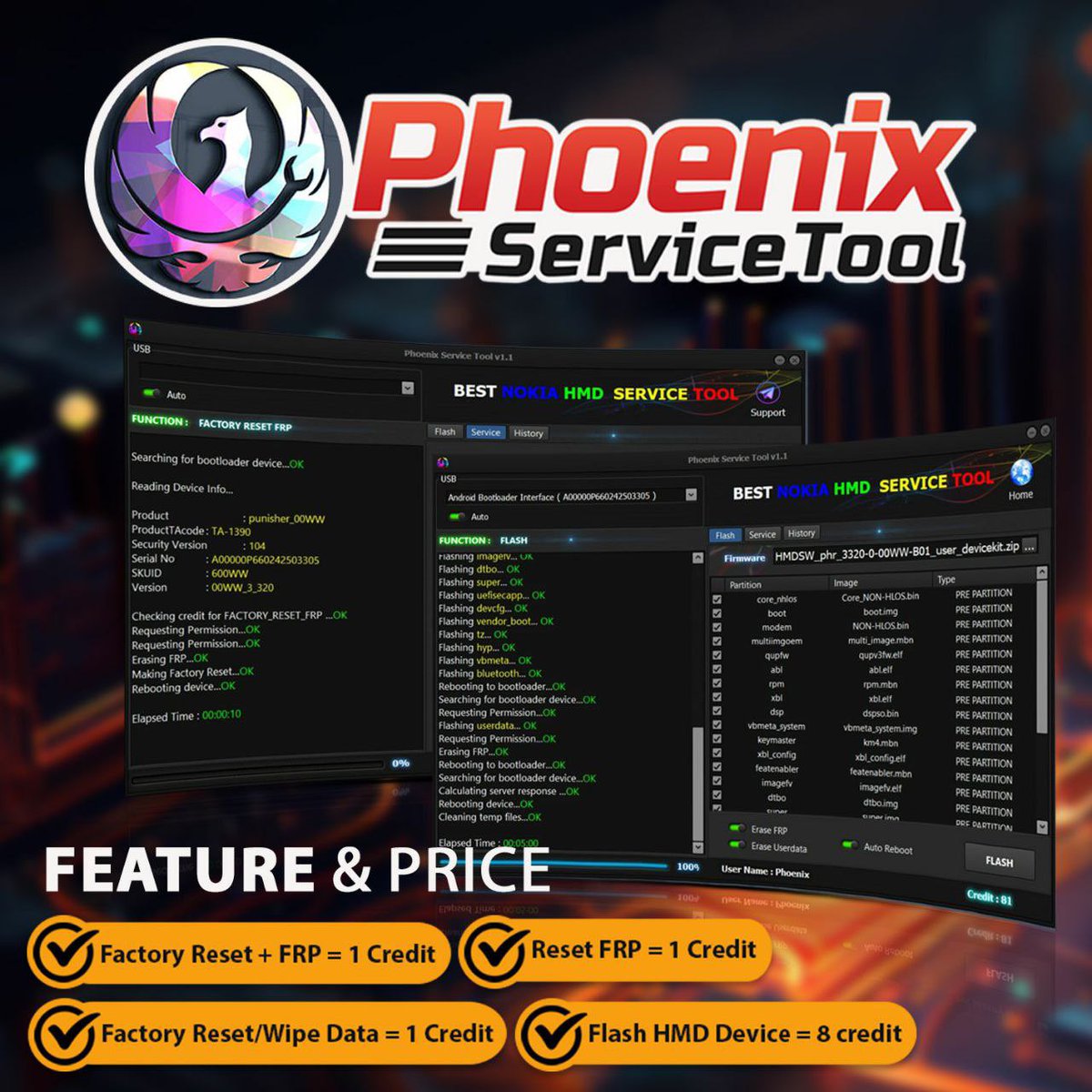 afunlocks's tweet photo. 🔵 Service Active

Phoenix Service Tool [ Nokia HMD TOOL ] (FLASH - FRP - FACTORY RESET)

Order now: https://t.co/Lsl0IQYD0N https://t.co/YmpXXFuA1t