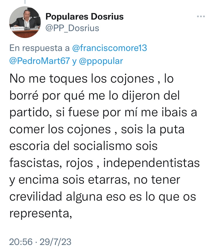 RubenSanchezTW's tweet photo. Al portavoz del PP en el Ayuntamiento de Dosrius se le ha borrado este tuit. Es Pedro Martínez (@PP_Dosrius). https://t.co/aHY1h1WSNk