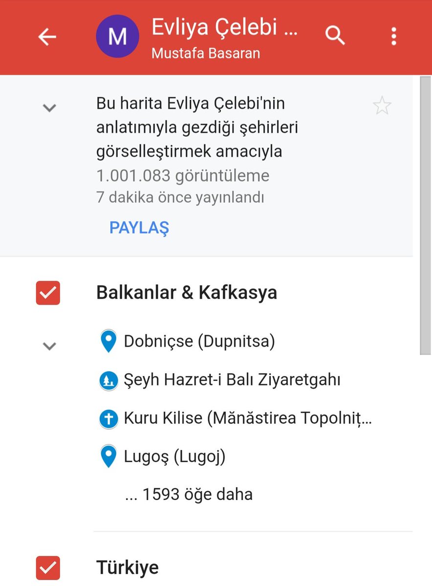 Bir hafta önce paylaşılan Evliya Çelebi haritam an itibariyle 1 milyon görüntülemeyi geçti. Bu vesileyle öncelikle haritayı paylaşıp sizlere ulaştıran @AtakanSevgi_ 'ye ve ilgi gösteren herkese çok teşekkür ederim.
