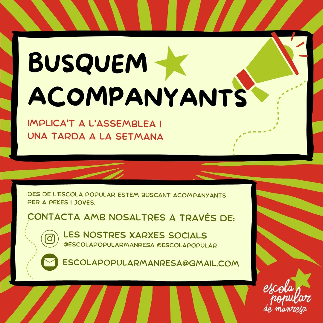 Tens ganes d'implicar-te a l'Escola Popular? T'interessa la pedagogia crítica i emancipadora? 💚

De cara aquest setembre, l'assemblea de l'Escola Popular obrirà els braços per acollir noves acompanyants. Són una de les peces imprescindibles del projecte, vols formar-ne part?