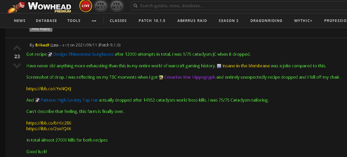 After #thirteenyears #carnagias finally got the legendarily #ultrararerecipe #rhinestonesunglasses @Warcraft #Catalysm launched 12-07-10. 

For content Erikas9 posted this comment @Wowhead on 2021/09/11 (Patch 9.1.0), TY for your sacrifice bc you made me look #LAZY =p

#26korbust