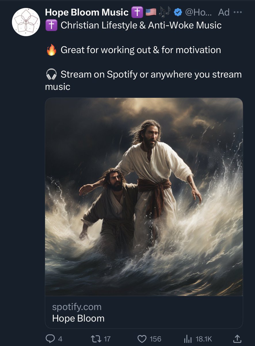 You sarcastically wish one fake Christian a blessed day, and the Twitter ad algorithm gives you ads for “Christian Lifestyle &amp; Anti-Woke” music…

Surely Jesus was the most woke guy ever?