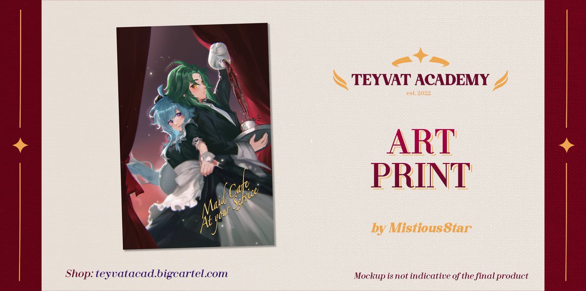 💫 MERCH PREVIEW: PRINT 💫 One of the students' favourite events at the Academy is the school festival! Don't #Ganyu and #Xiao by @MistiousStar look perfect for their class' maid café? ⬇️ PREORDER NOW ⬇️
