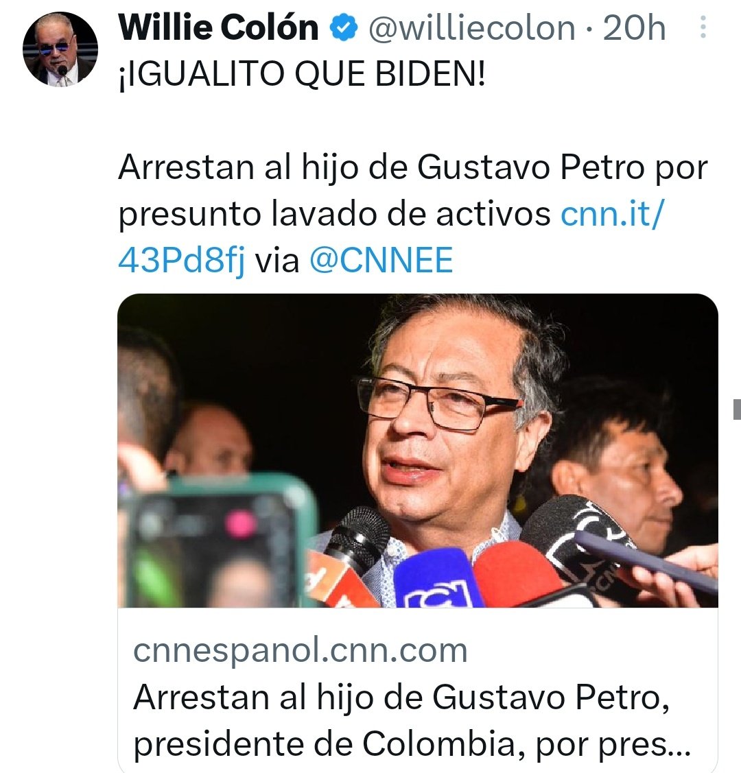 FisicoImpuro's tweet photo. Willie Colon saca un trino diciendo que Petro es "igual" a Biden. Pero a Willie se le olvida que su hijo fue arrestado por PORNOGRAFÍA INFANTIL por allá en el 2011. https://t.co/BB8QGHHWne