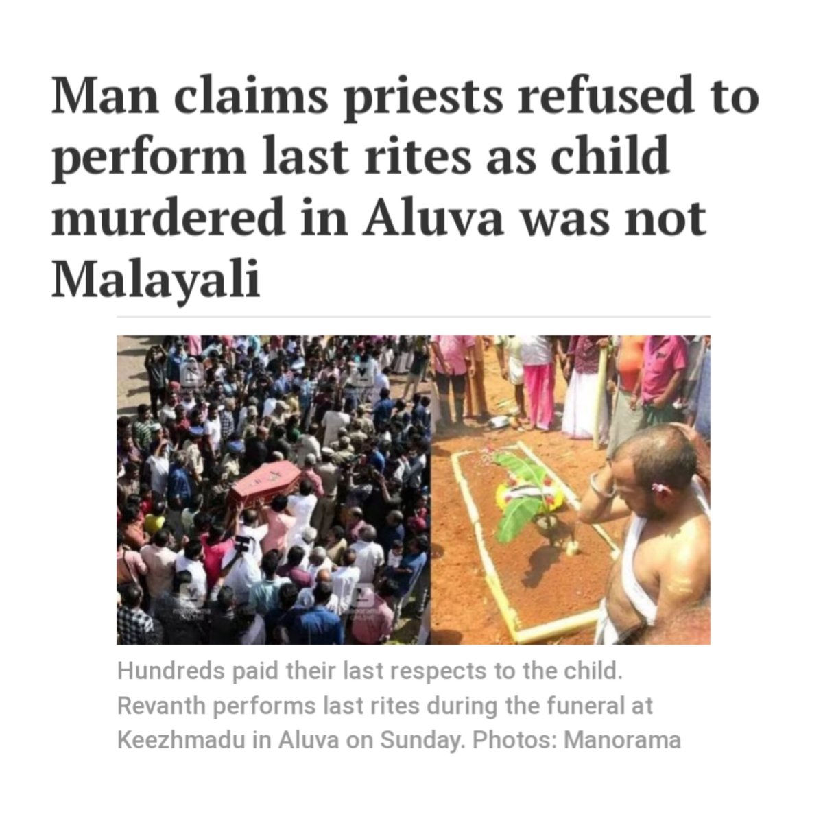 SandhyaS64891's tweet photo. Just heard a heartbreaking story about a child murdered in Aluva. It's disturbing to know that the family faced discrimination during such a difficult time. Every life deserves respect and compassion, regardless of ethnicity. #HumanityFirst #JusticeForAll https://t.co/Ci7S8oWVij