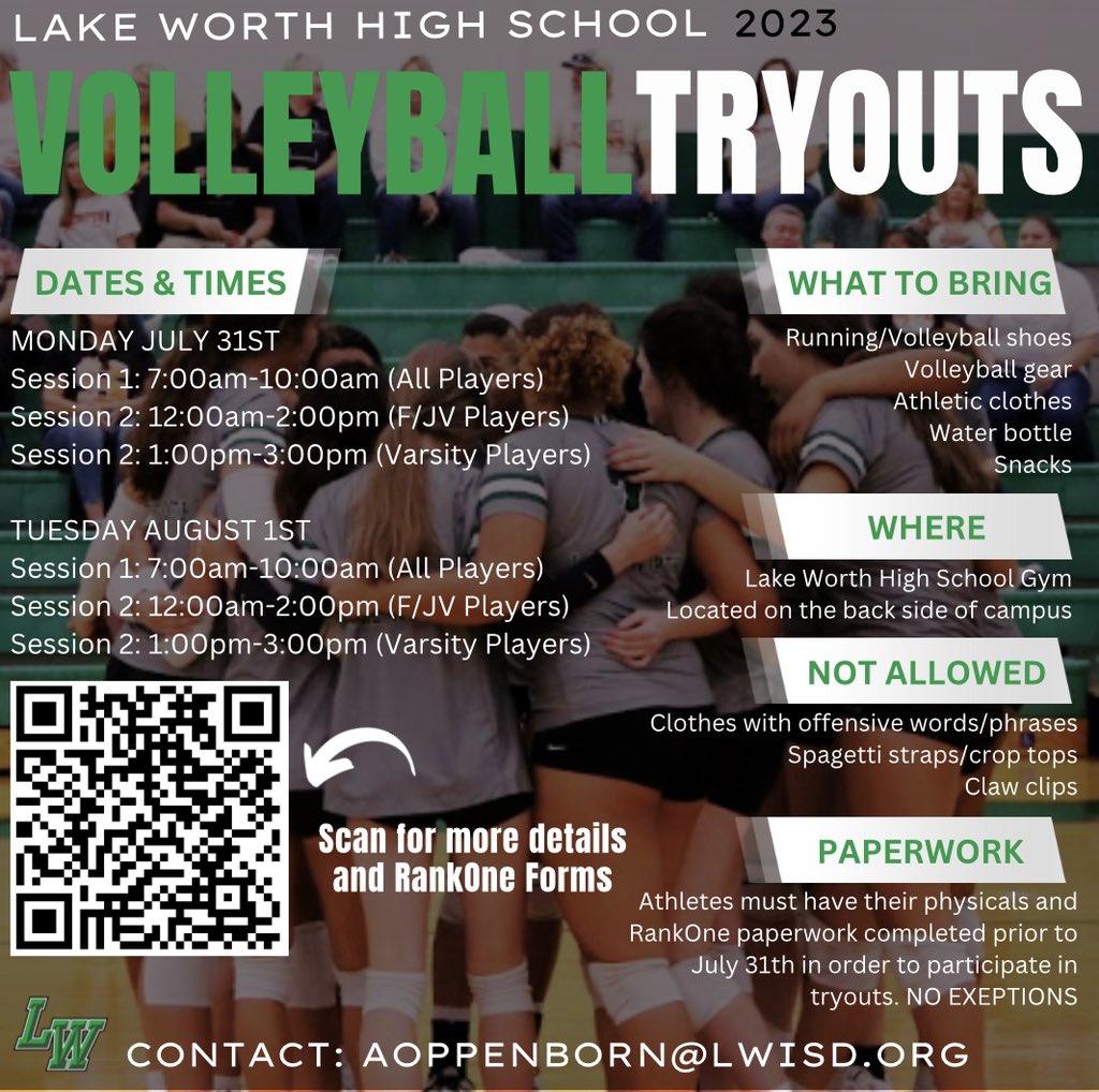 ladyfrogvb's tweet photo. Reminder, tomorrow is the first day of 🐸🏐 tryouts for the high school! We can’t wait to see everyone and get the season started. @LakeWorthISD @HsLakeworth @LCMSBullfrogs https://t.co/MgZuIFpq5p