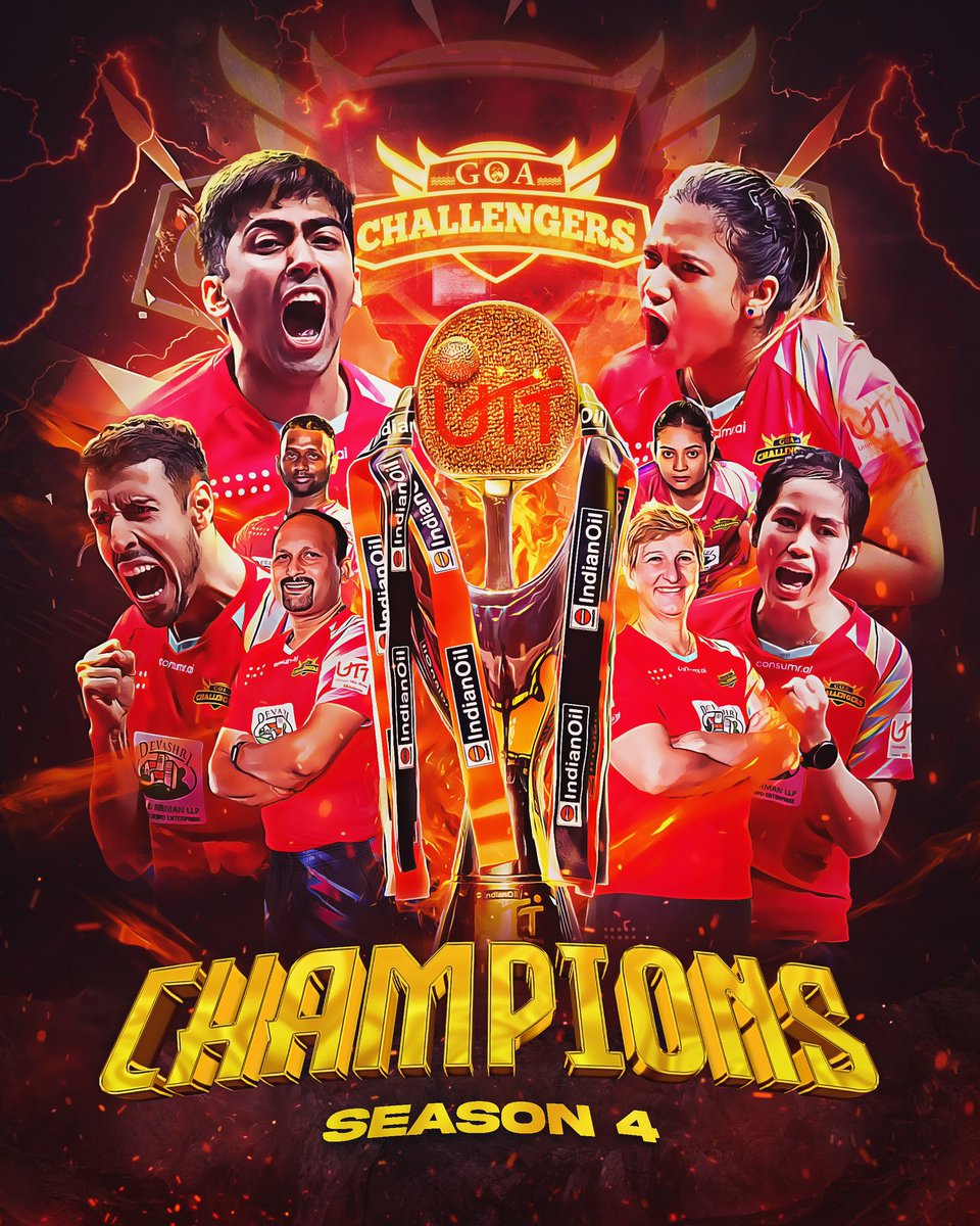 UltTableTennis's tweet photo. The nameโs Challengers. ๐๐จ๐ ๐๐ก๐๐ฅ๐ฅ๐๐ง๐ ๐๐ซ๐ฌ. GO GOA WON ๐ฅณ
IndianOil UTT Season 4 CHAMPIONS ๐๐
#TheRallyContinues #UltimateTableTennis #TableTennis #EveryTableIsAPlayground #HarTablePlayground #UTTonJioCinema #UTTonSports18 https://t.co/sZBWljnL94