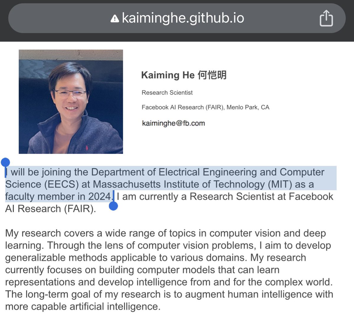 Kaiming He, inventor of ResNet, is leaving industry to join MIT faculty in 2024!! He’s one of the most impactful figures in deep learning.

- Residual layer is a fundamental building block of LLMs.
- Faster/Mask R-CNN are industrial standards for image segmentation and robot