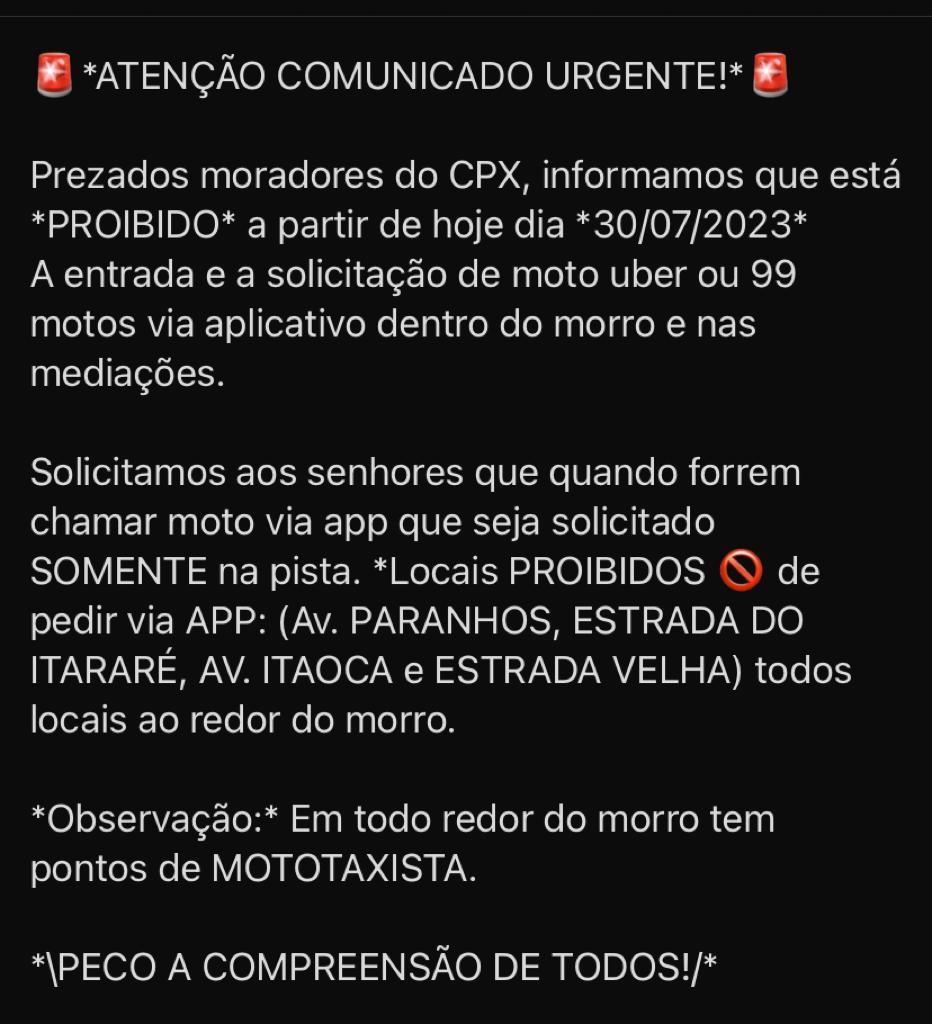 Informacoes_RJ's tweet photo. Vamos atentar galera para não passar sufoco , cpx da penha e do alemão estão proibidos MOTOUBER/99 #MOTOUBER #99 #APP99 https://t.co/lwd0GuvTke