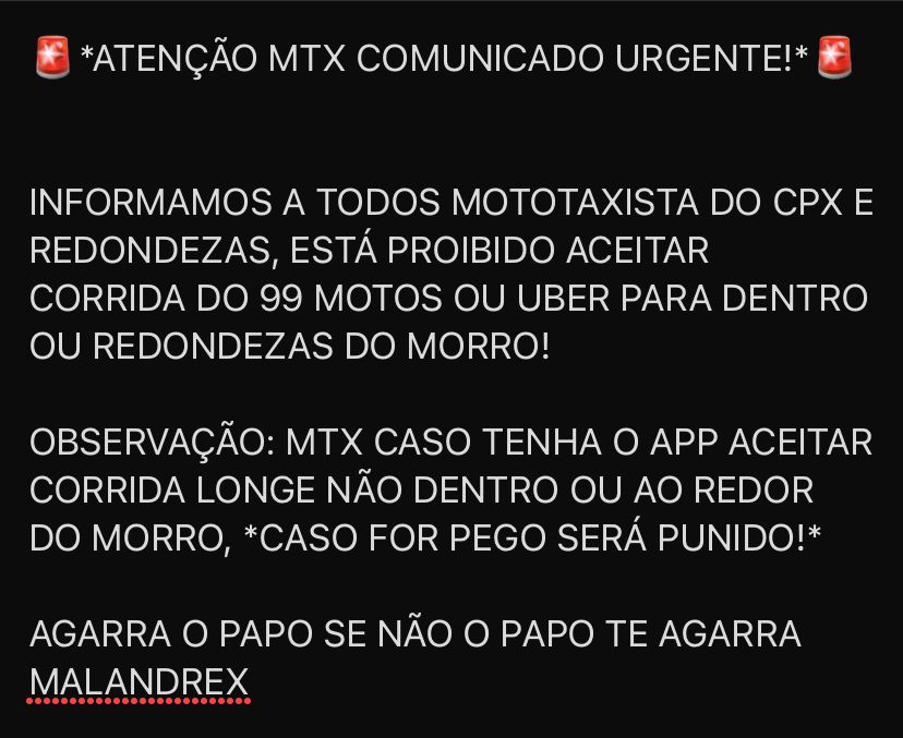 Informacoes_RJ's tweet photo. Vamos atentar galera para não passar sufoco , cpx da penha e do alemão estão proibidos MOTOUBER/99 #MOTOUBER #99 #APP99 https://t.co/lwd0GuvTke