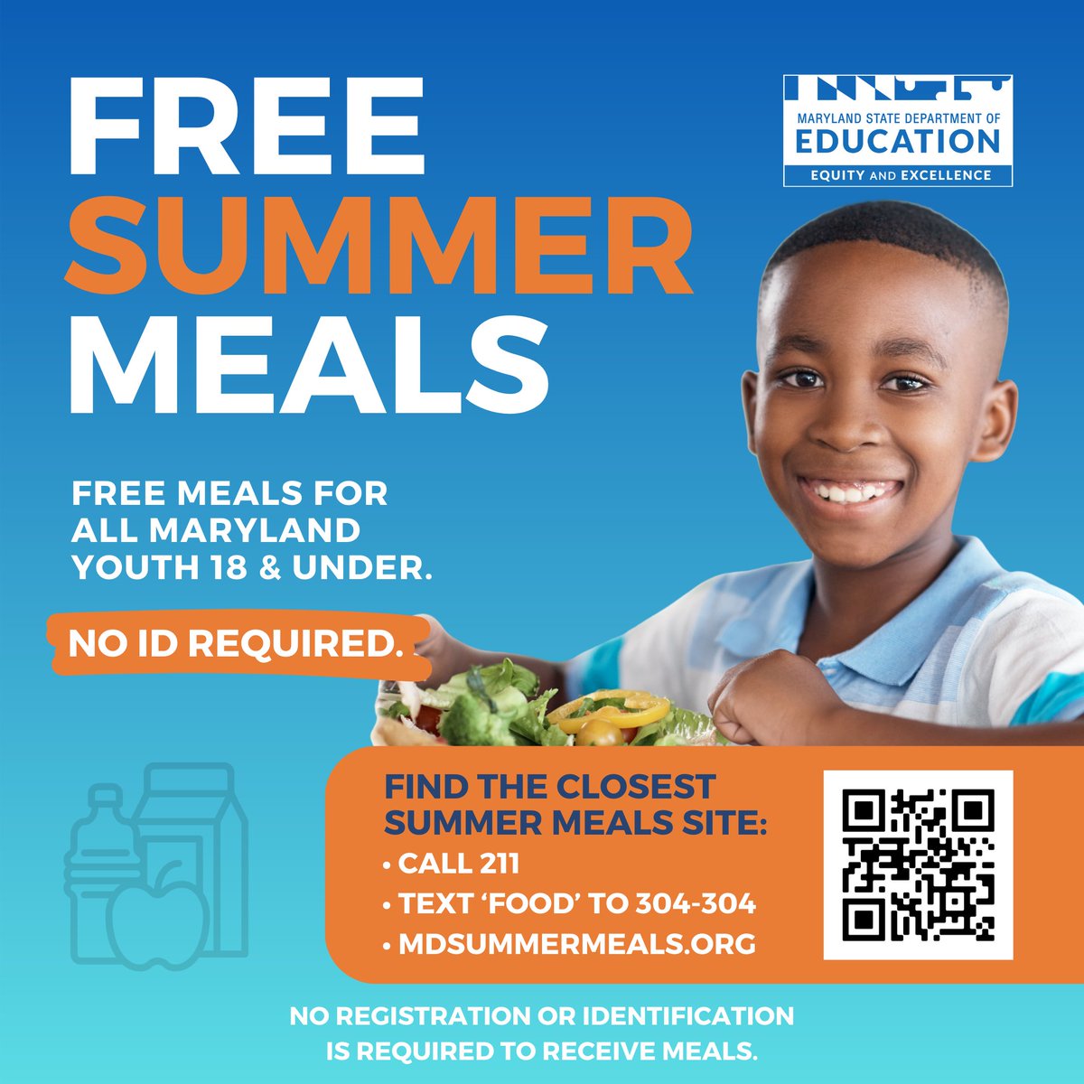 The MD Summer Food Service Program has begun! FREE MEALS for Maryland kids 18 and under. No registration or identification is needed. 

Text ‘FOOD’ to 304-304 or visit mdsummermeals.org to locate a meal site near you.