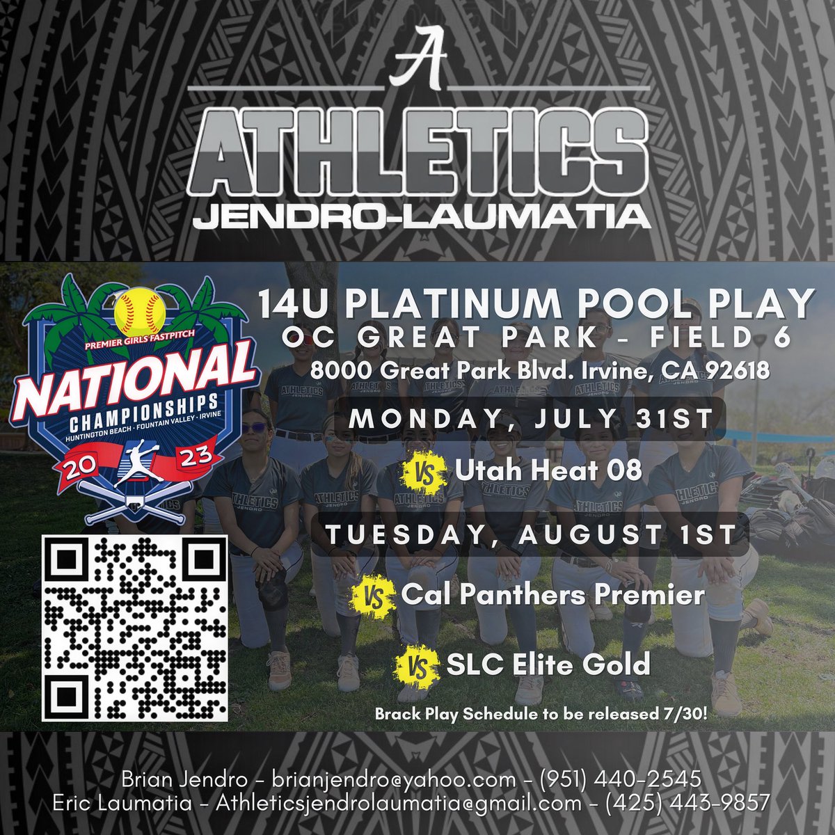 jendro_laumatia's tweet photo. Our Pool Play Schedule @PGFnetwork Week 2! We will be at Great Park in Irvine, Field 6 on 7/31 &amp; 8/1.

Come see us play - follow on @GCsports: https://t.co/0BR2lvVM4z
@BrianJendro https://t.co/zF3WTHcxoy