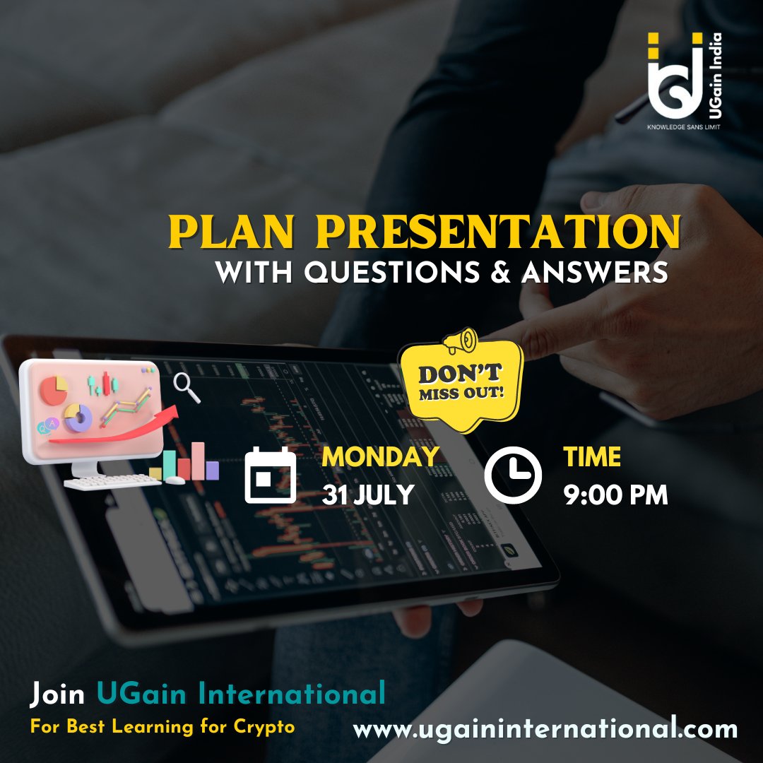 ugainindia's tweet image. 📢 Don't Miss Out! 📢 Plan Presentation with Q n A session that you can't afford to skip! 💼🤓 
📅 Mark your calendars for July 31, 2023 🗓
⏰ 09:00 PM IST 🇮🇳
Join us at UGain International for an incredible opportunity to Learn With Earning! 💡💸
#PlanPresentation #QandASession