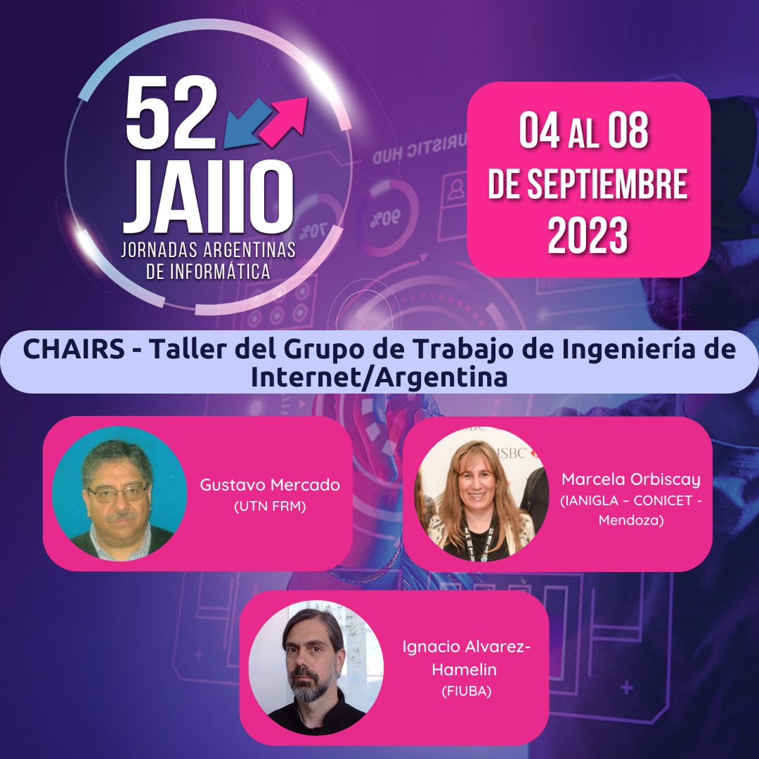 jaiio_oficial's tweet photo. #IETFDay2023 propone un abordaje interdisciplinario a problemas y prácticas socio-técnicas que emergen del avance de las tecnologías de la información y la comunicación en la sociedad. 
Te presentamos a los/las chairs Gustavo Mercado, Marcela Orbiscay e Ignacio Alvarez-Hamelin https://t.co/p9a6tqDLH4