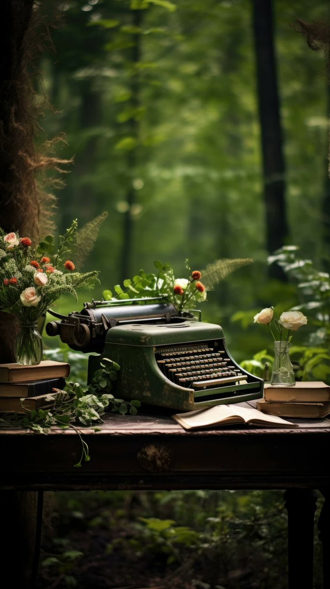 pixexid's tweet image. Feeling like a character in a fairytale? 🤩 Look no further than this AI-generated artwork! 🎨 Vintage typewriter set on a wooden table, surrounded by forest tranquility - 🌲 get lost in the details in the ALT field and comments section. #AIGeneratedArt #FairytaleVibes