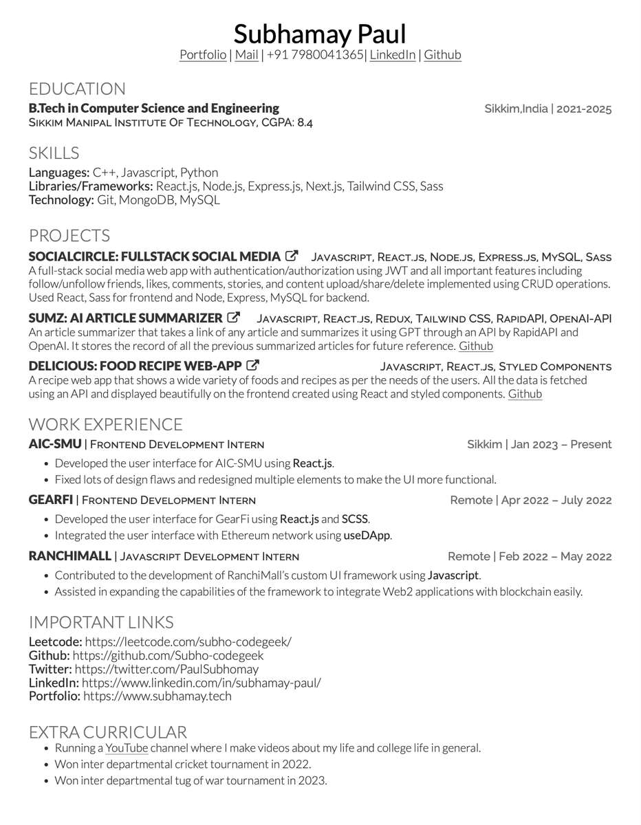 PaulSubhomay's tweet photo. This is my resume. 
Roast it, criticize it, and give feedback.
Everything appreciated.😄 https://t.co/LqpLl9Kjr6