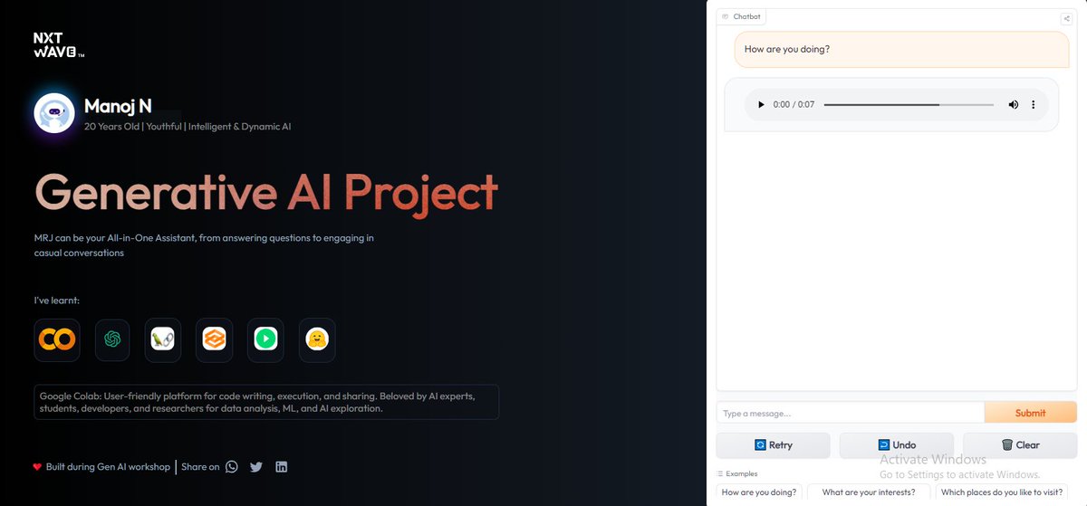 Manojxn's tweet photo. "Generative AI Mega Workshop"

Thank you #NxtWave @rahulattuluri sir for this electrifying session.

Check out my cool generative AI Project 😎
1. https://t.co/uJ96cQxENh
2. https://t.co/VzStCcfjj2
#ccbp #ccbpians #coding https://t.co/Ce7nmWr8xS