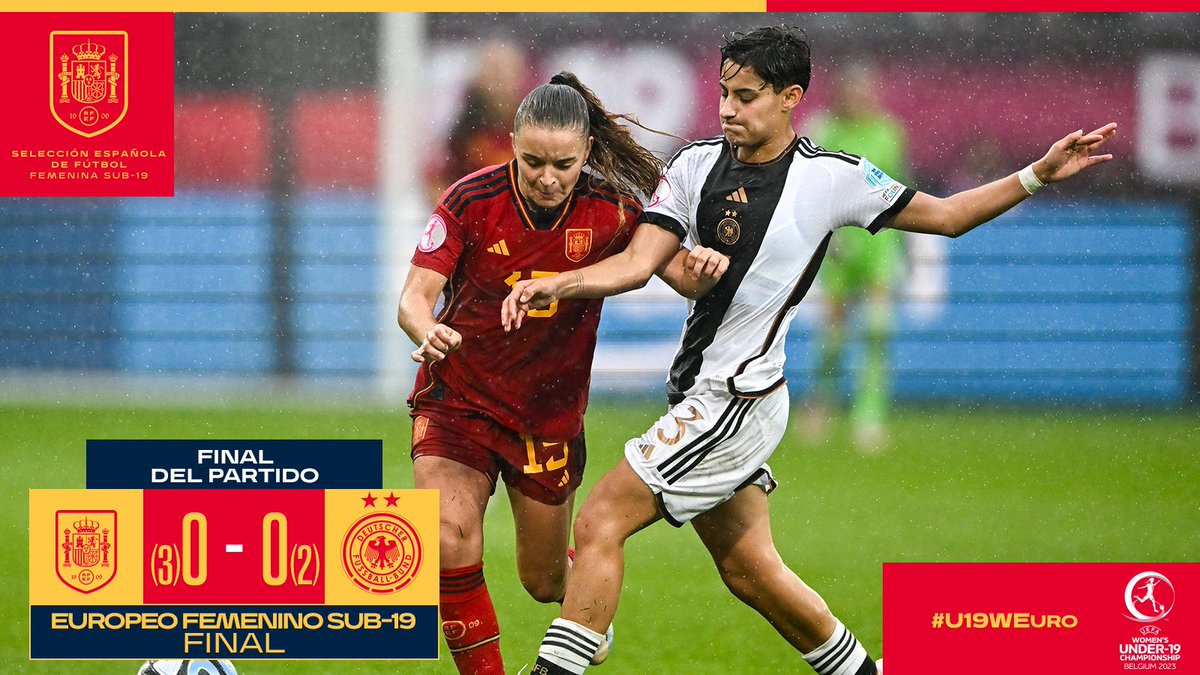 🏁️ ¡¡𝗙𝗜𝗡𝗔𝗔𝗔𝗔𝗔𝗔𝗟!!

🏆5️⃣ España revalida el título de campeona y reina en Europa por quinta vez tras una agónica tanda de penaltis

🇪🇸 (3) 0-0 (2) 🇩🇪 

#U19WEURO