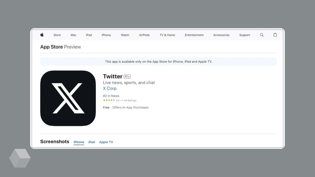 rozetked's tweet photo. Apple отказала Маску в переименовании приложения Twitter в X

Согласно правилам App Store, название приложения должно состоять минимум из двух символов. Поэтому в магазине X — всё ещё Twitter.

https://t.co/zVMIBQJ81J https://t.co/6TE8dtYp2r