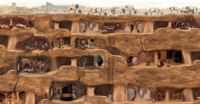 Heindsight's tweet image. The subterranean city of Derinkuyu holds many mysteries. Note the smooth architecture and advanced methods of illuminating the room and tunnels. Seeking these answers may reveal more truths about our ancestors methods. ⚒️⛏️🍻