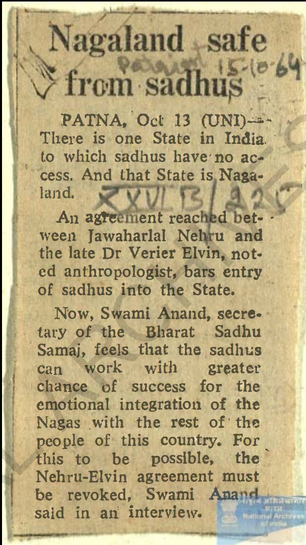 SaffronSunanda's tweet photo. Nagaland is only state in India where the entry of our 'Sadhus' is banned.

In October 1964 an agreement reached between Jawahar Lal Nehru and Dr. verier Elvin to bar entry of sadhus in Nagaland.

This is being done on the pretext of "protecting" the original Naga culture.
Now almost all of them have converted to radical forms of Christianity.  Result: rebellion for secession.

Congress is responsible for almost all the problems of North East including Manipur.

Well Played Congress!!

Share it Max 🙏