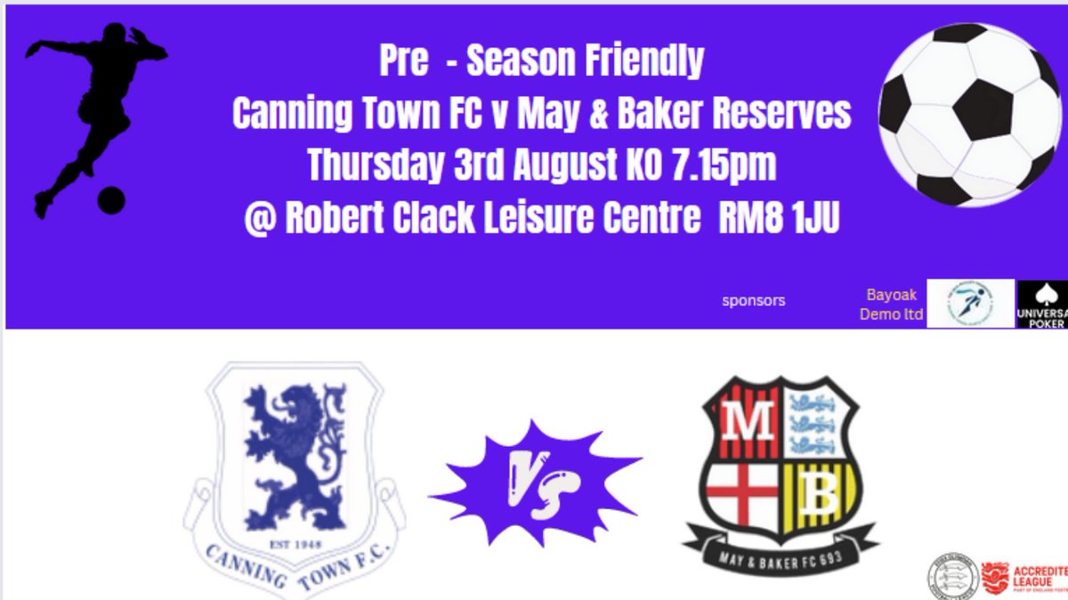 Canning_town_fc's tweet photo. ⚠️ Pre - Season friendly
📅 Thursday 3rd August
🏆Friendly
⏰7.15pm KO
🆚@MayBakers
🏟️Robert Clack Leisure Centre RM8 1DN https://t.co/XjGI7Or65P