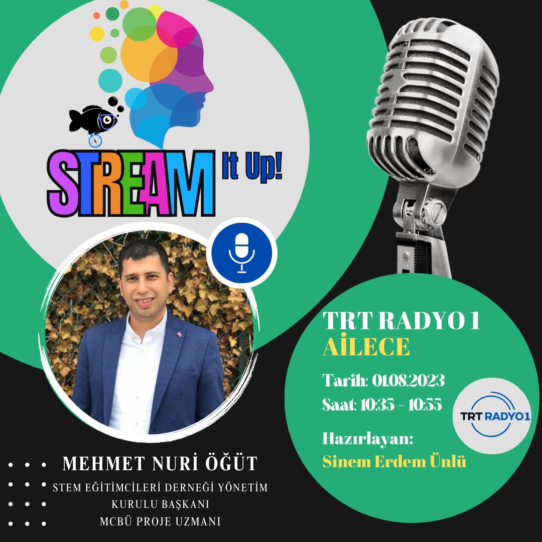 STREAMItUp1's tweet photo. Proje Yürütücümüz, sayın Mehmet Nuri ÖĞÜT, Türkiye'nin en sevilen radyo kanallarından biri olan TRT Radyo 1'in AİLECE programının konuğu olacak!
@abdbuyukelciligi @stemegt @mcbu1992 @tcmeb @manisamem
#streamitup #bilim #stem #steam #stream #teknoloji #literatur #okuma #muhendis https://t.co/2MS0sTQbQy