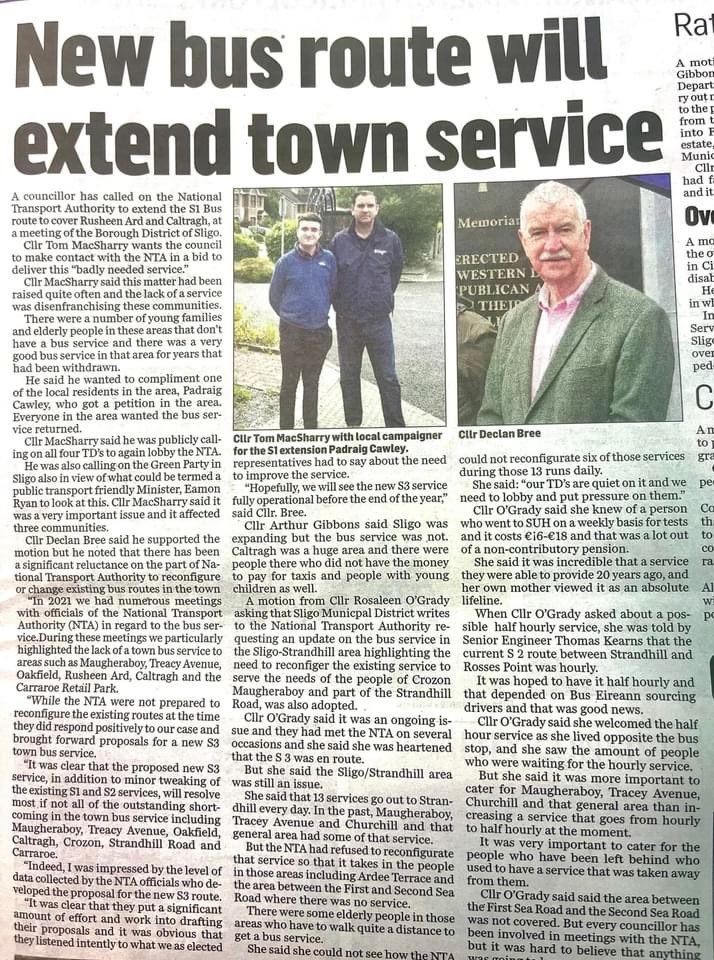Fair play to Cllr @TomMacSharry on his motion calling for the town bus service S1 to cover Rusheen Ard and Caltragh, as a long time campaigner on this issue, I’m delighted to see this issue being pursued once again. @OceanNWT @SligoChampion @sligoweekender