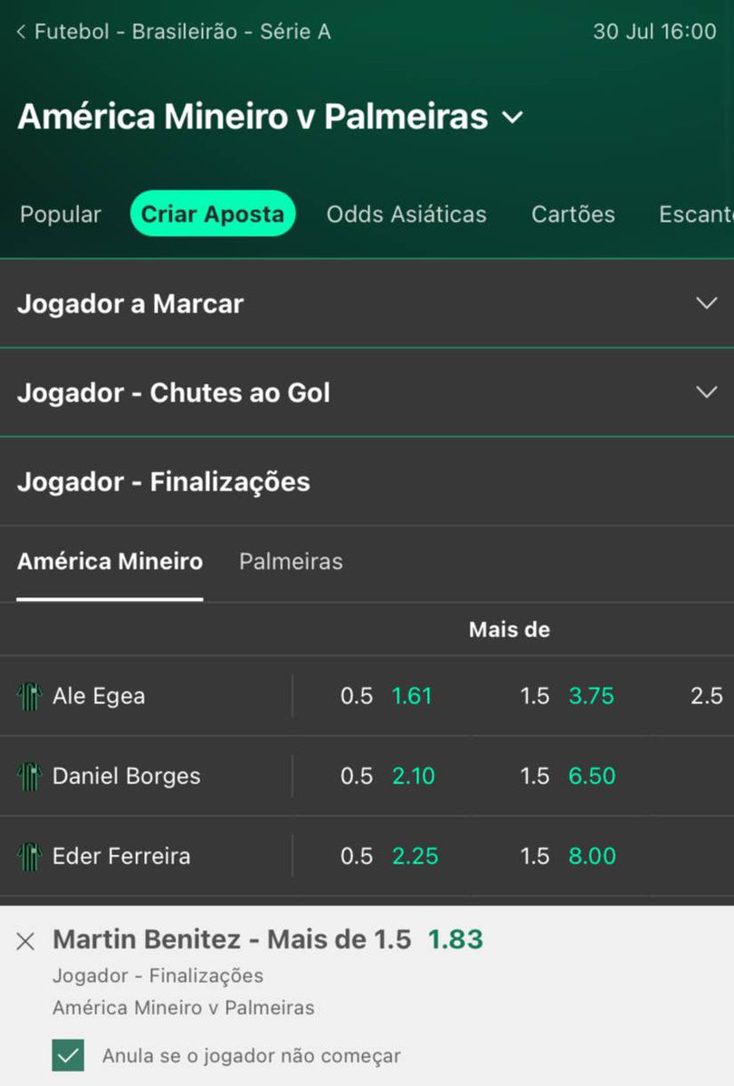 Brasileirão A 🇧🇷 <a href="/Brasil/">Brasil</a>

América MG vs Palmeiras🇧🇷
Over +1 Finalizações Benítez 🥅
Odd 1.83 🔵
16:00 ⏰

🏡 Bet365