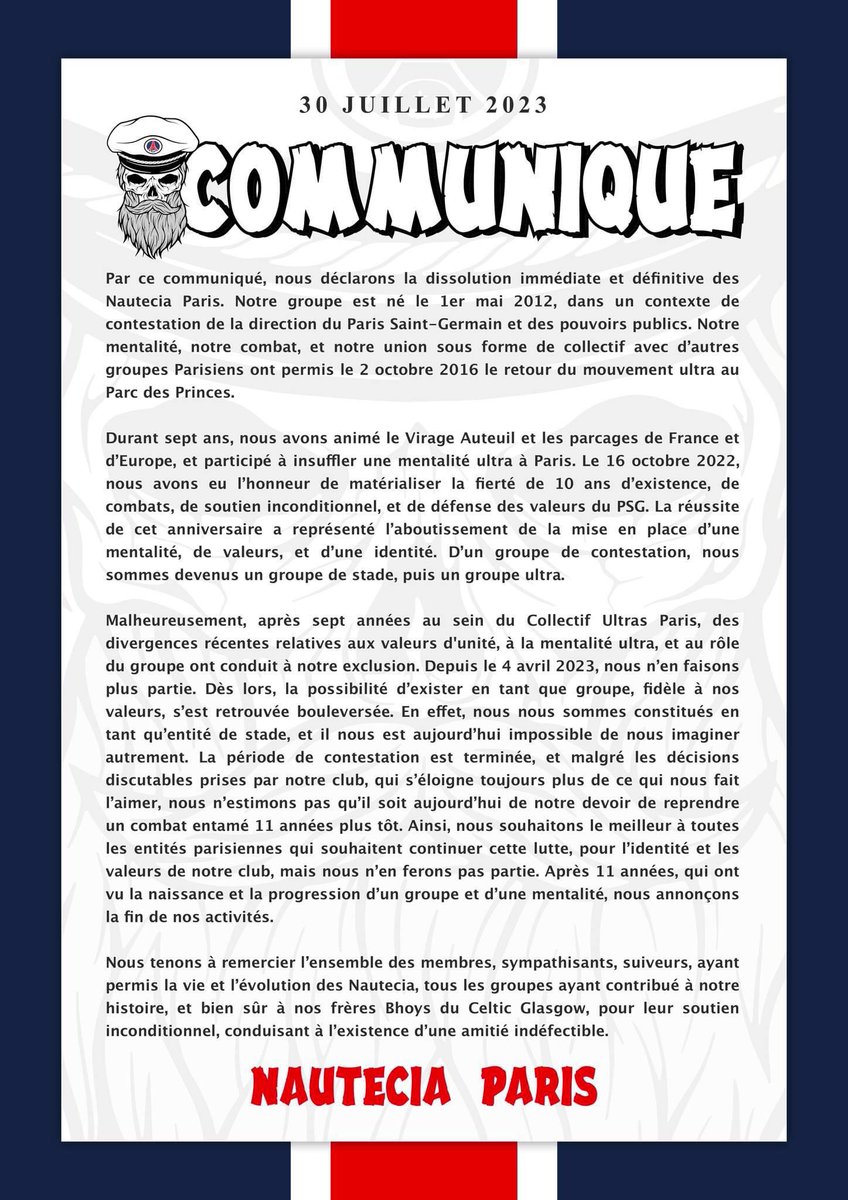 MediaParisien's tweet image. 📋 Communiqué des Nautecia Paris concernant le CUP.