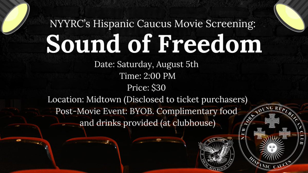 Please join the New York Young Republican Club and its Hispanic Caucus for a private movie screening of Sound of Freedom next Saturday! @NYYRC_Hispanic 
#StopHumanTrafficking #TheSoundofFreedom #SoundOfFreedom 

eventbrite.com/e/sound-of-fre…