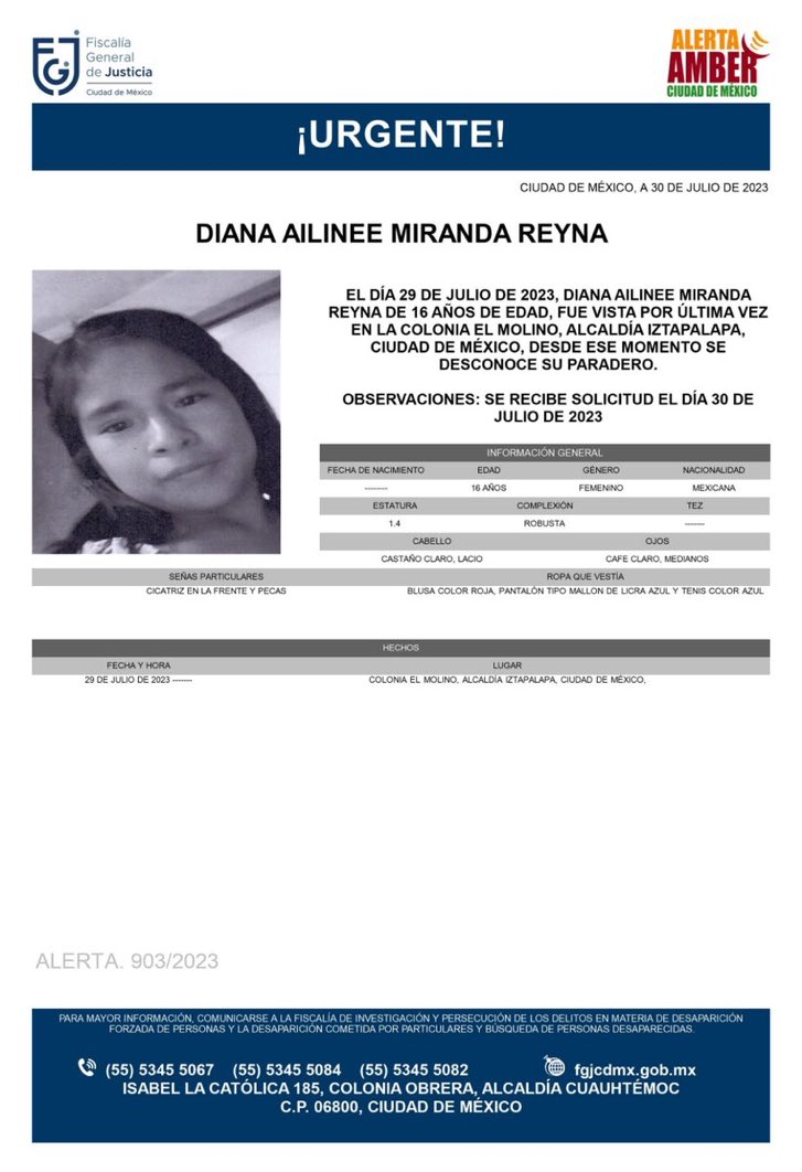MrElDiablo8's tweet photo. #SeBusca |

Diana Ailinee Miranda Reyna, fue vista por última vez el día 29 de julio de 2023 en la colonia El Molino, alcaldía Iztapalapa. https://t.co/D2qjyqz2lz