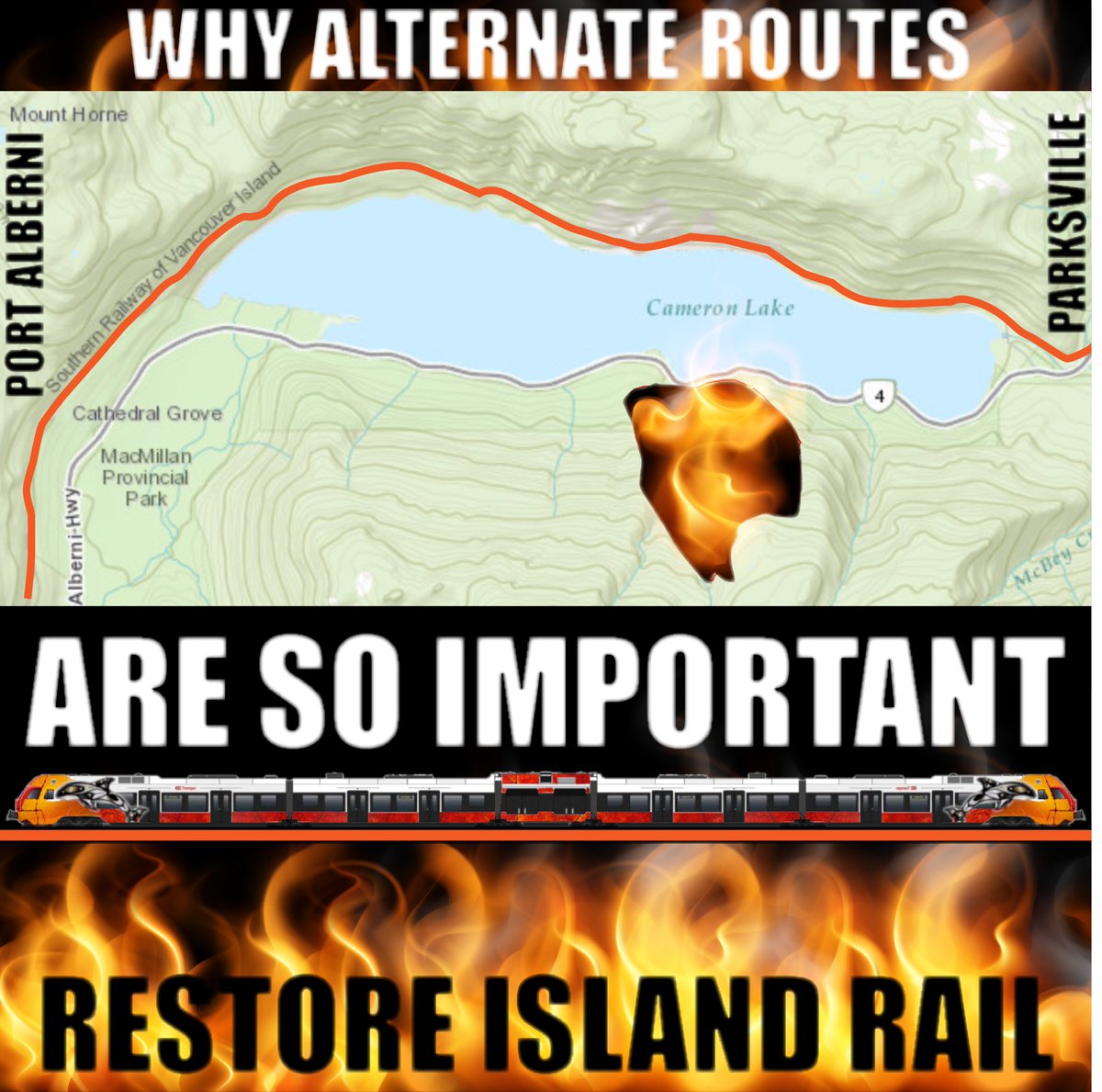 WarrenSkaalrud's tweet photo. Port Alberni learned recently how useful the railway would be when a major highway artery gets shut down, especially for a long period of time.  It's very important to have alternate routes!

The entire Vancouver Island Railway could be restored for way less than a second highway would cost, and would Mosaic even give up the land willingly?  I doubt it.

Sign the Petition, and let's get funding for the railway restoration and enhancements https://t.co/M8aYV5aJEn

Restore Island Rail
https://t.co/Upy4I0VfSQ
#railway #transit #support #cycling #route #vancouverisland #britishcolumbia #canada #connection #transportation #disabled #multimodal #cyclists #alternate #training #railways #support #healthy #communities #climateaction #climateemergency #health #travel #community #culture #malahat