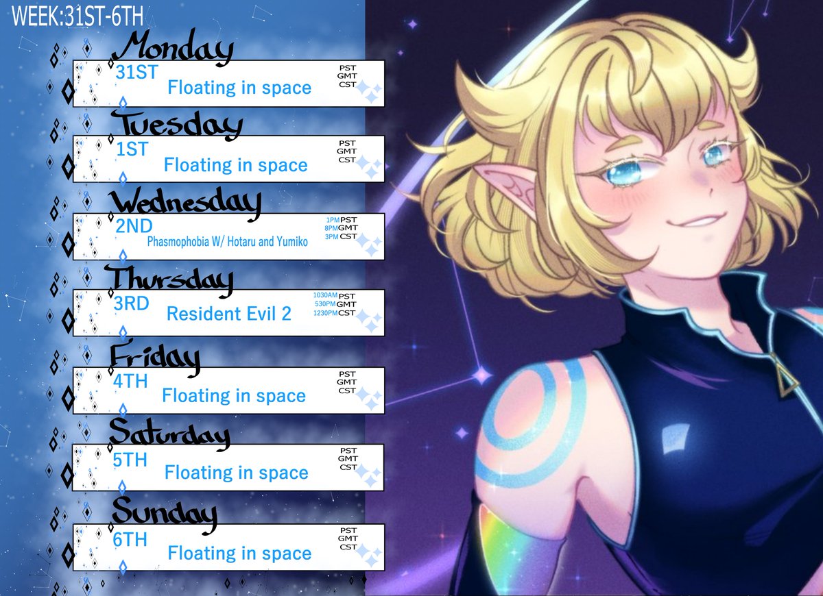 OrionOz51's tweet photo. Schedule is up! 
getting back to streaming this week! 

🎨: #OriArton
🔞#OriOnTheFace
General: #OrionOz51
#Vtuber #ENVTuber #VTuberEN #VtuberUprisings #VTuberDebut #VTuber2023 https://t.co/2VPvSQWBCp