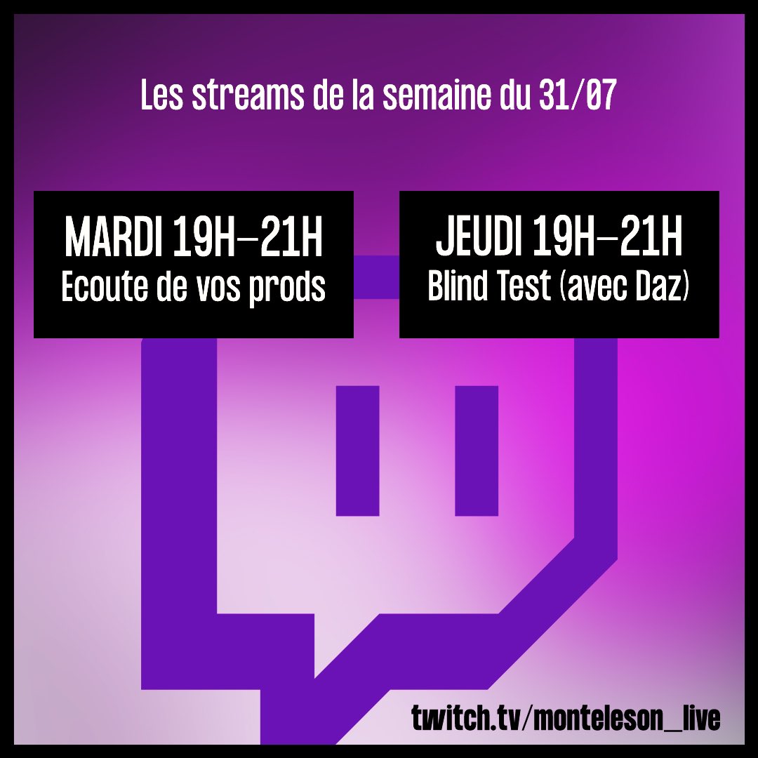 Le programme Twitch de MLS pour la semaine 🔥 On se retrouvera ici : twitch.tv/monteleson_live. 
Pour la session d’écoute de mardi, tweetez un lien (SoundCloud, YouTube etc.) vers votre morceau avec le hashtag #monteleson, en nous taguant. On écoutera ça en live avec vous mardi ❤️