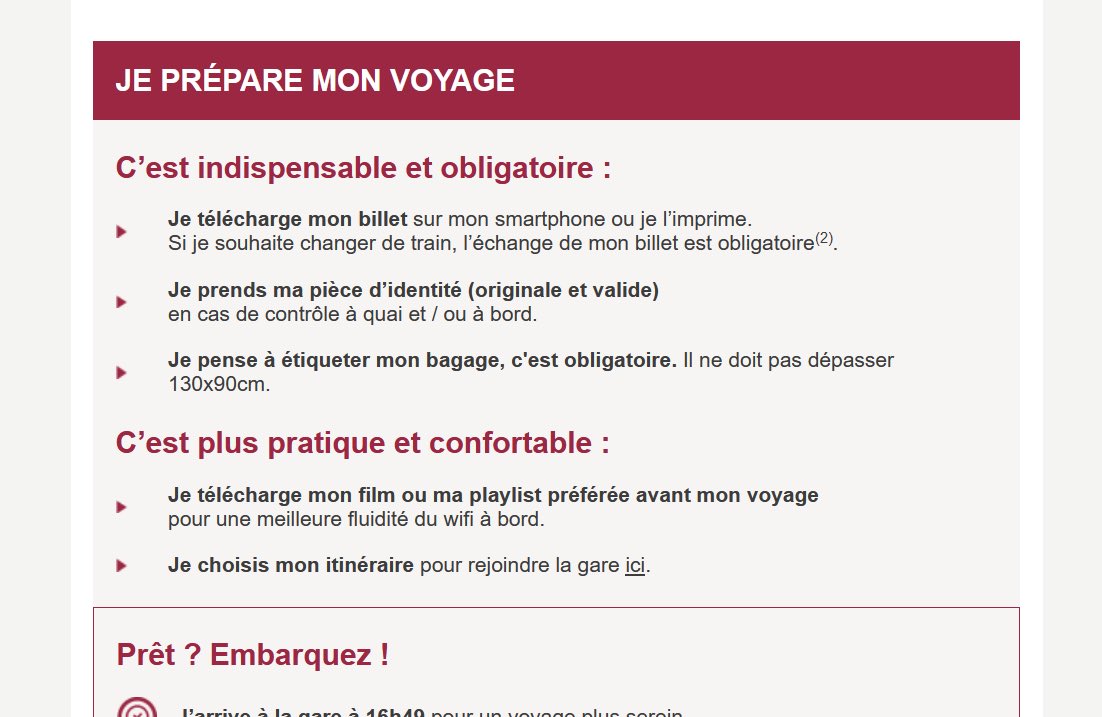 Réelle question à <a href="/SNCFVoyageurs/">SNCF Voyageurs</a> (et aux sociologues): POURQUOI la SNCF infantilise-t-elle tj ainsi les voyageurs/euses? 
-> La formulation et l’usage du « je » fait penser à une liste de choses pour un camp de ski de l’école primaire (« je prends mes skis et un goûter »)

🫢🤦🏼🚆