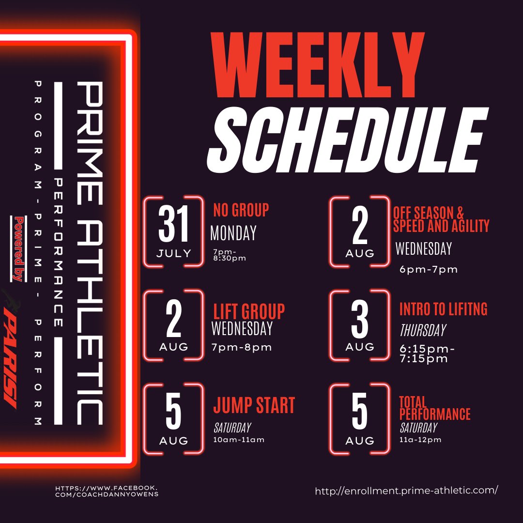 dmon3's tweet photo. Here is this week's group training schedule!!! We're mostly back to normal this week no groups on Monday 7/31 I will be doing private sessions only that day. Contact me with any questions at 405-237-8187. 
https://t.co/SQzOnFh0Xp

#primeathleticok #parisispeedschool https://t.co/OnBEoL74ia