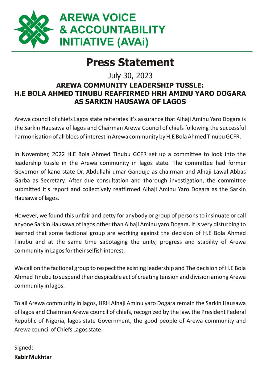 Arewa_VAi's tweet photo. AREWA COMMUNITY LEADERSHIP TUSSLE: H.E BOLA AHMED TINUBU REAFFIRMED HRH AMINU YARO DOGARA AS SARKIN HAUSAWA OF LAGOS. https://t.co/0cyzf2IEeP