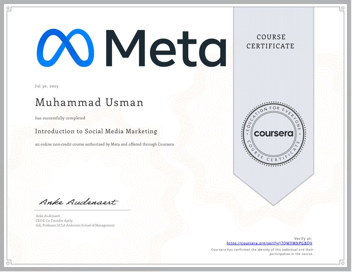 m_usman2030's tweet photo. Received this certificate from Coursera on completion of Introduction to Social Media Marketing course.

Feel free to to reach out if you're interested in hiring my services! 😊
https://t.co/b242m7JNOF #Coursera https://t.co/lJjsP0ijCC
