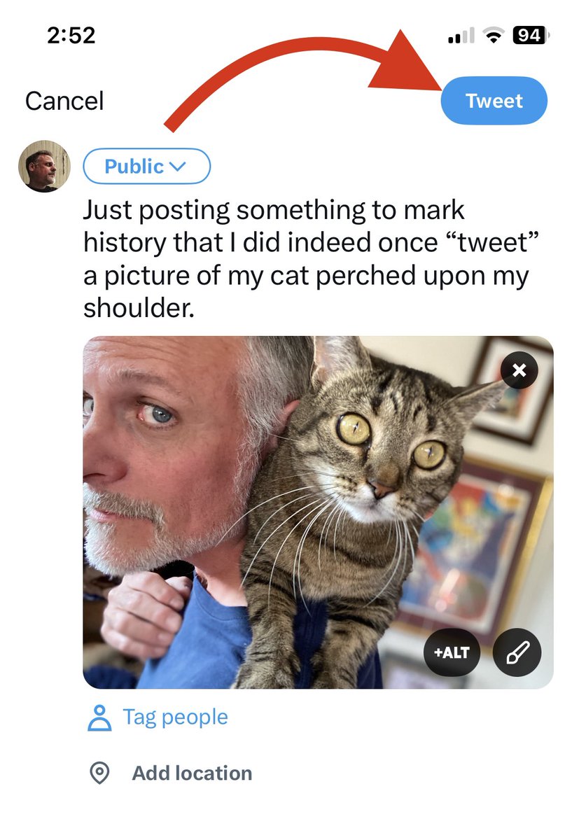 HopefullyDan's tweet image. Just posting something to mark history that I did indeed once “tweet” a picture of my cat perched upon my shoulder.