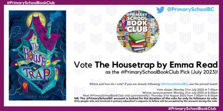 🖤 I'm delighted that The Housetrap has been included in the #PrimarySchoolBookClub July 2023 vote this evening. Head to @PrimarySchoolBC and vote for it using the pinned tweet 👻
@chickenhsebooks @keslupo @jazzbartlett