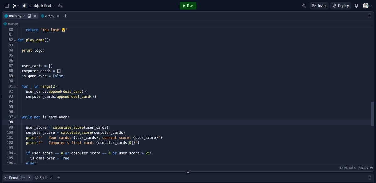 Today I completed day 12 of #100DaysOfCode. And I built a blackjack project.