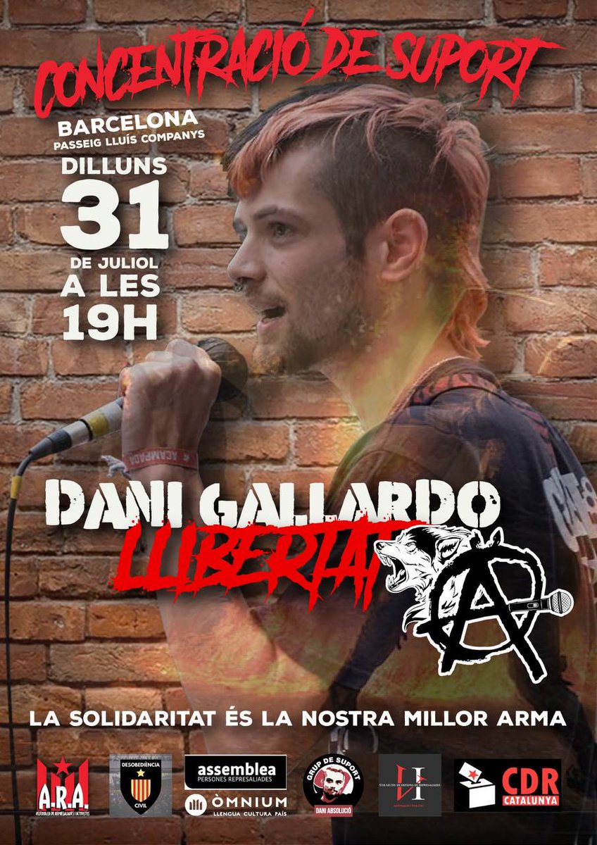 🔴CONVOCATORIA 🔴 
La llibertat del company Dani Gallardo penja d'un fil.
Entenem que són dates molt dolentes i moltes de vosaltres sou de vacances.
La situació  és excepcional judicialment parlant en aquestes dates i mereix màxima assistència. 
Seguim 💪
#DaniGallardoLlibertat
