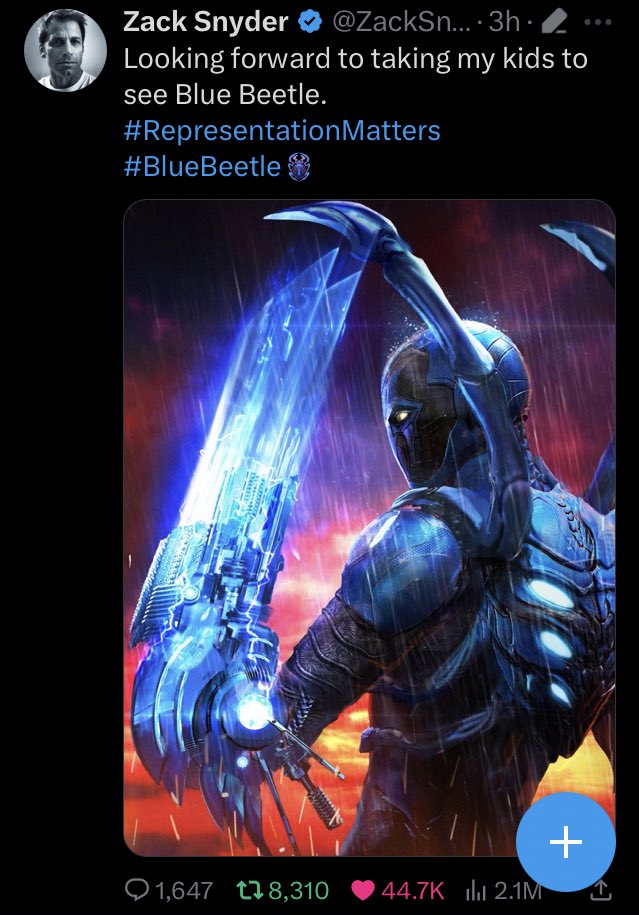 Itssan17's tweet photo. Gunn’s post about Blue Beetle got 29k likes in 3 weeks and Snyder’s post got 45K likes in just 3 hours. No one does it like Zack Snyder 👏 https://t.co/wOIdXC7Afh